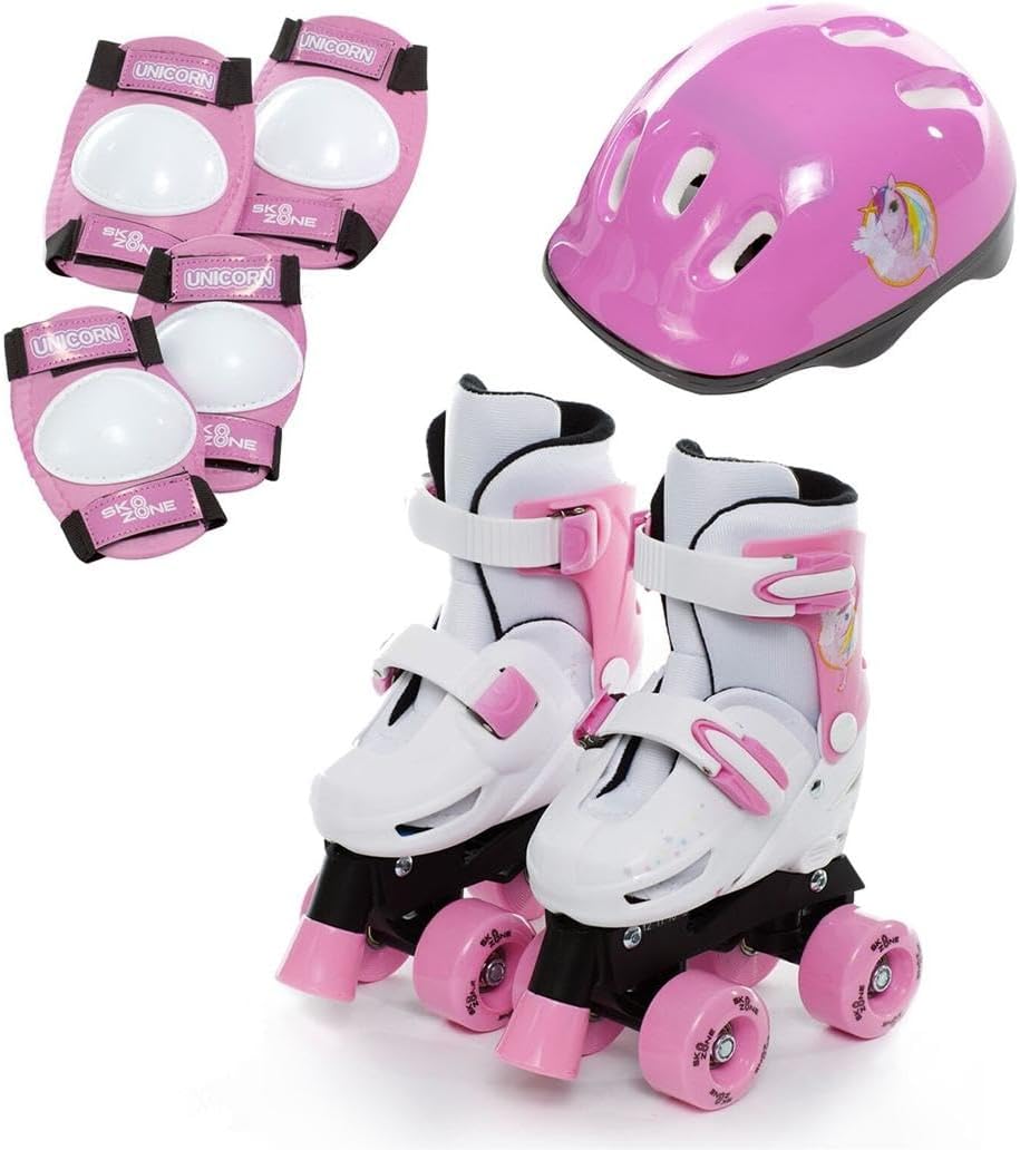 Girls Unicorn Roller Skates Set | Adjustable Kids Roller Skates with Helmet, Knee & Elbow Pads | Quad Roller Skates for Girls Size 9-12 | Kids Skates Safety Set