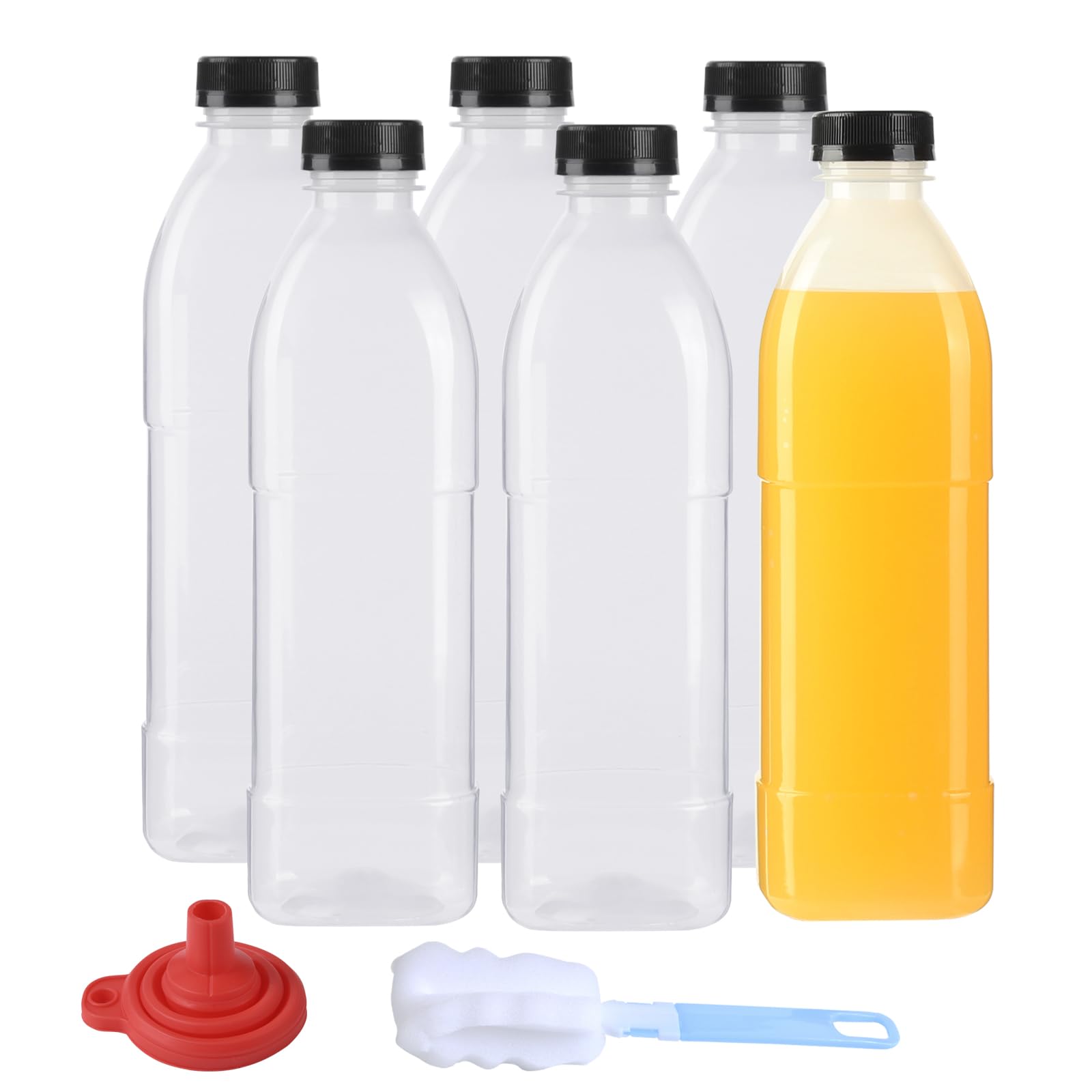 6 Pack 32 oz PP Heat-Resistant Plastic Juice Bottles With Caps-Plastic Smoothie Bottles-Reusable Bulk Beverage Containers with Lids For Juicing, Milk(Dishwasher Safe)