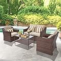 SOLAURA Patio Furniture Outdoor Conversation Set All Weather Wicker 4-Piece Sectional Sofa with Tempered Glass Coffee Table - Brown