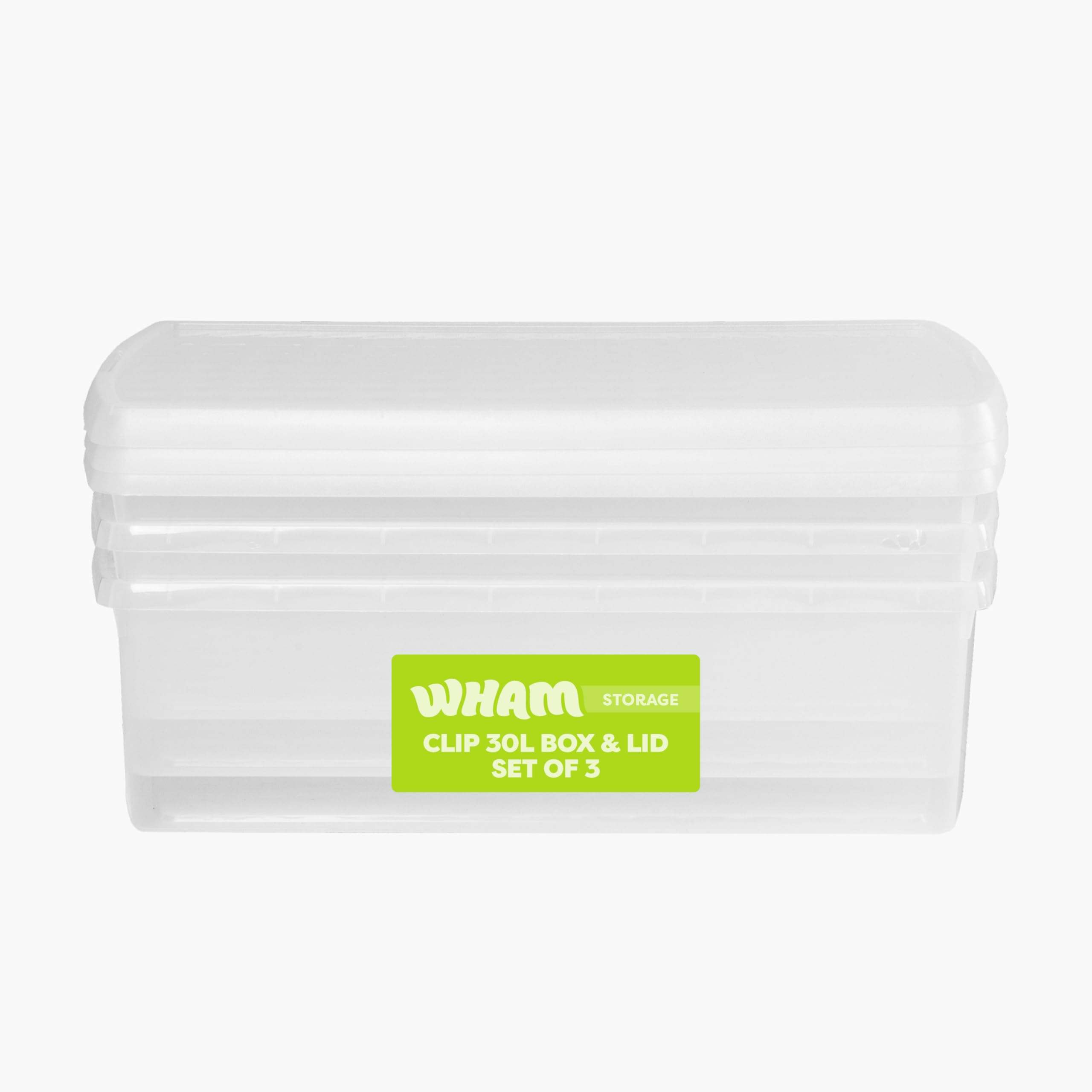Wham Clear/Clear Clip 3 X 30L Rectangular Stackable Plastic Storage Boxes With Lids | Ideal For Home, Office, Toys & More | Storage Containers With Clip Locks | Made In Uk