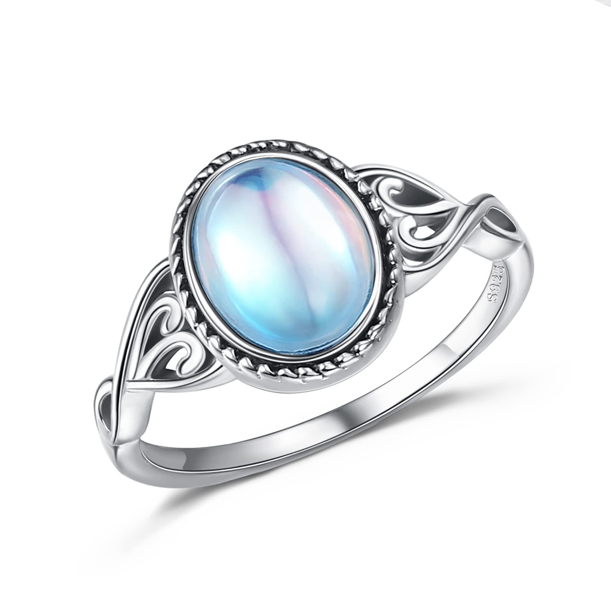 MILACOLATO 925 Sterling Silver Moonstone Rings for Women 18K White Gold Vintage Celtic Knot Rings Color Change Moonstone Jewelry for Gift
