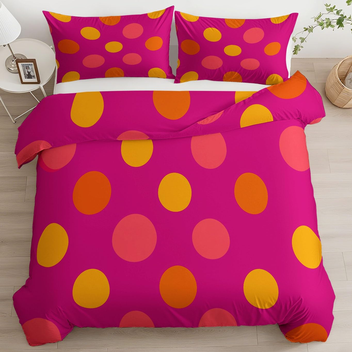 Housse de couette 200x200 rose pois parure de lit 3 pièces microffibre douce avec 2 taies