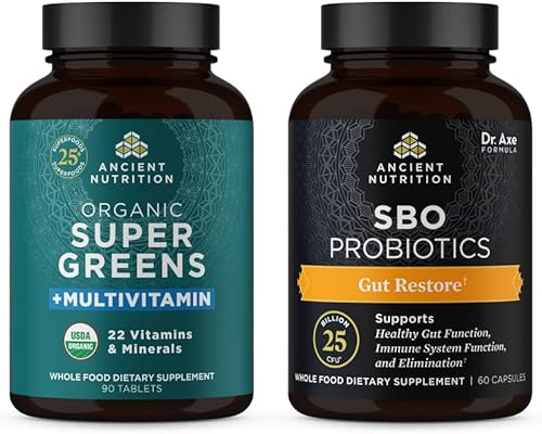 Ancient Nutrition SuperGreens Orgánico Multi Tablet 90 unidades y probióticos SBO Restauración intestinal 60 unidades