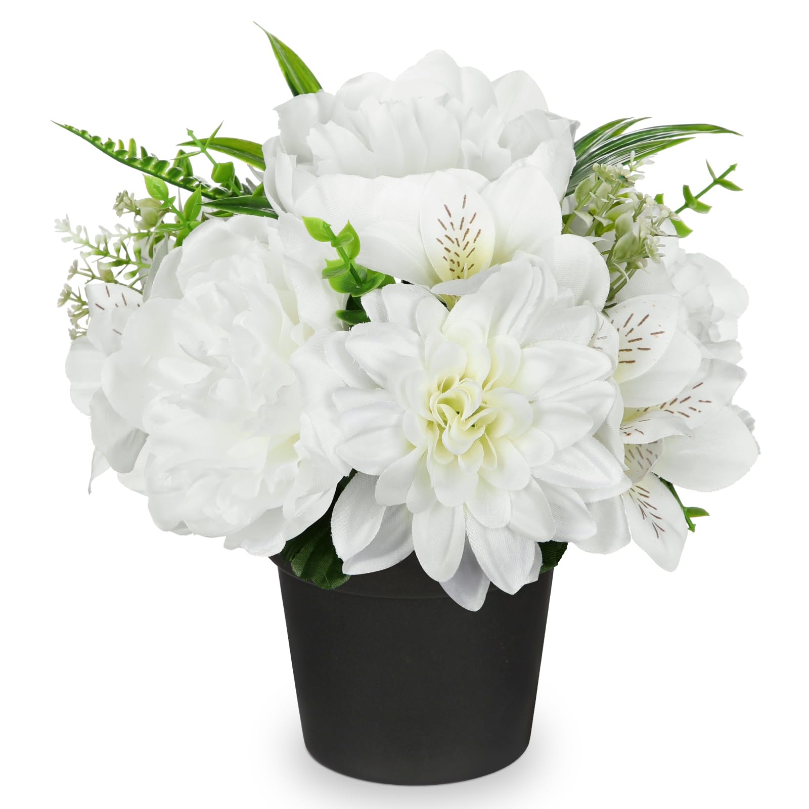 Briful 9.8" Small Artificial Flowers White Peony Dahlia Silk Flowers in Pot, 25 CM Fake Flower for Decoration Silk Lilies for Outdoor Indoor Decor