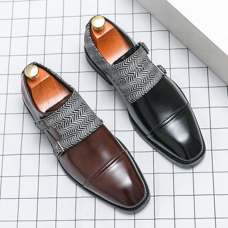 Santimon Men's Retro Leather Dress Shoes with Herringbone Strap Slip-On Cap Toe Loafers for Weddings, Parties & Business4