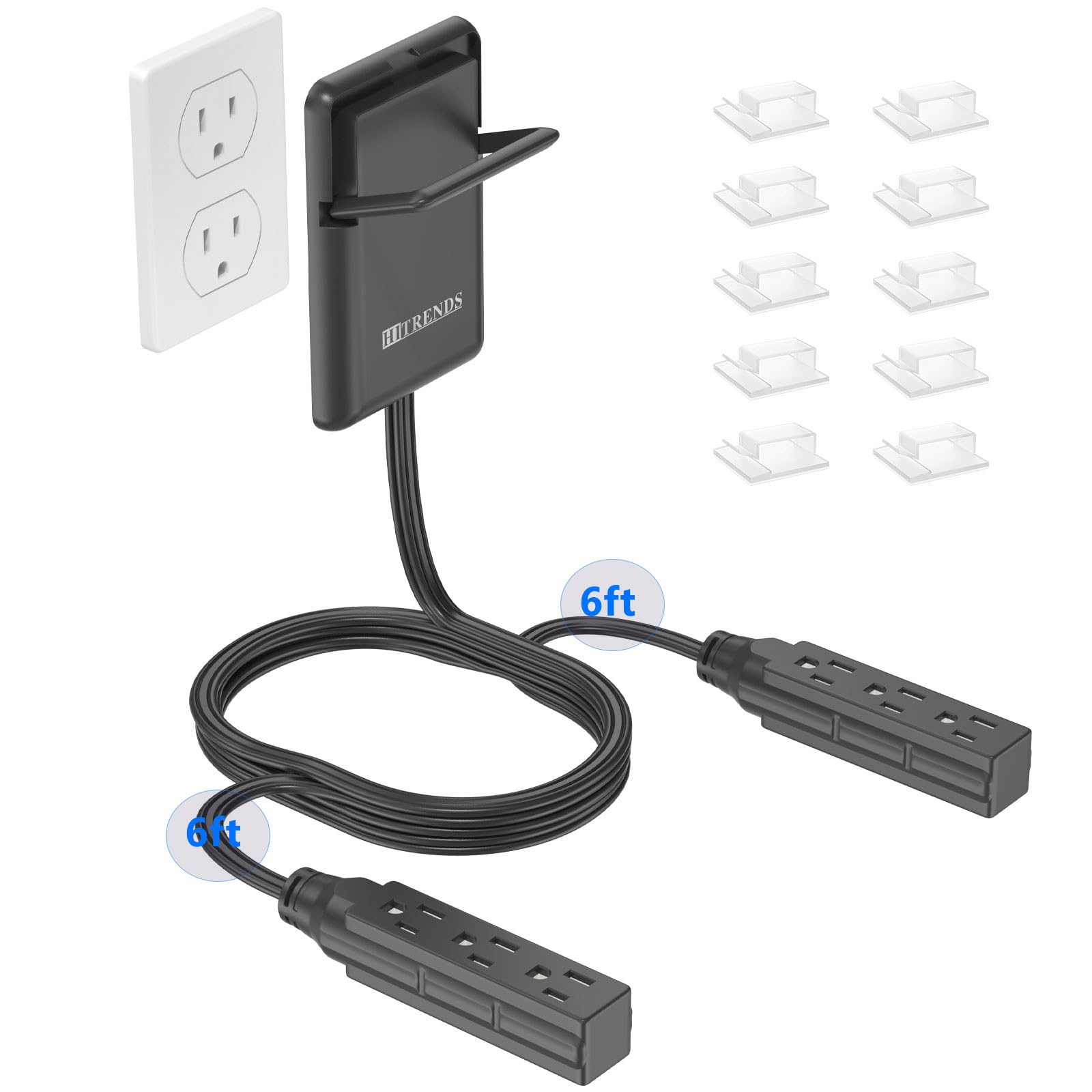 6FT Ultra Flat Plug Dual Extension Cord with 6 Outlets, Ultra-Thin Outlet Cover Power Bar, Outlet Concealer Universal Size Flat Plug Power Strip, Child & Pet Safe, 1625W, Black