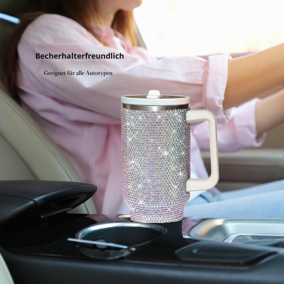 Trinkbecher mit Strassbesatz, Trinkhalm und Deckel, isoliert, Edelstahl, doppellagig, für Damen, wiederverwendbar, Reise-Kaffeetasse (1200 ml), Weiß AB