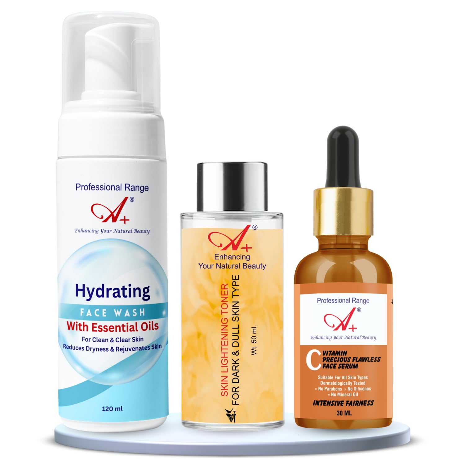 a+ skincare starter combo set for dry & dusky skin - (selfcare & gifting) | 3 steps skincare kit, hydrating facewash, skin lightening toner, vitamin c face serum, niacinamide, retinol