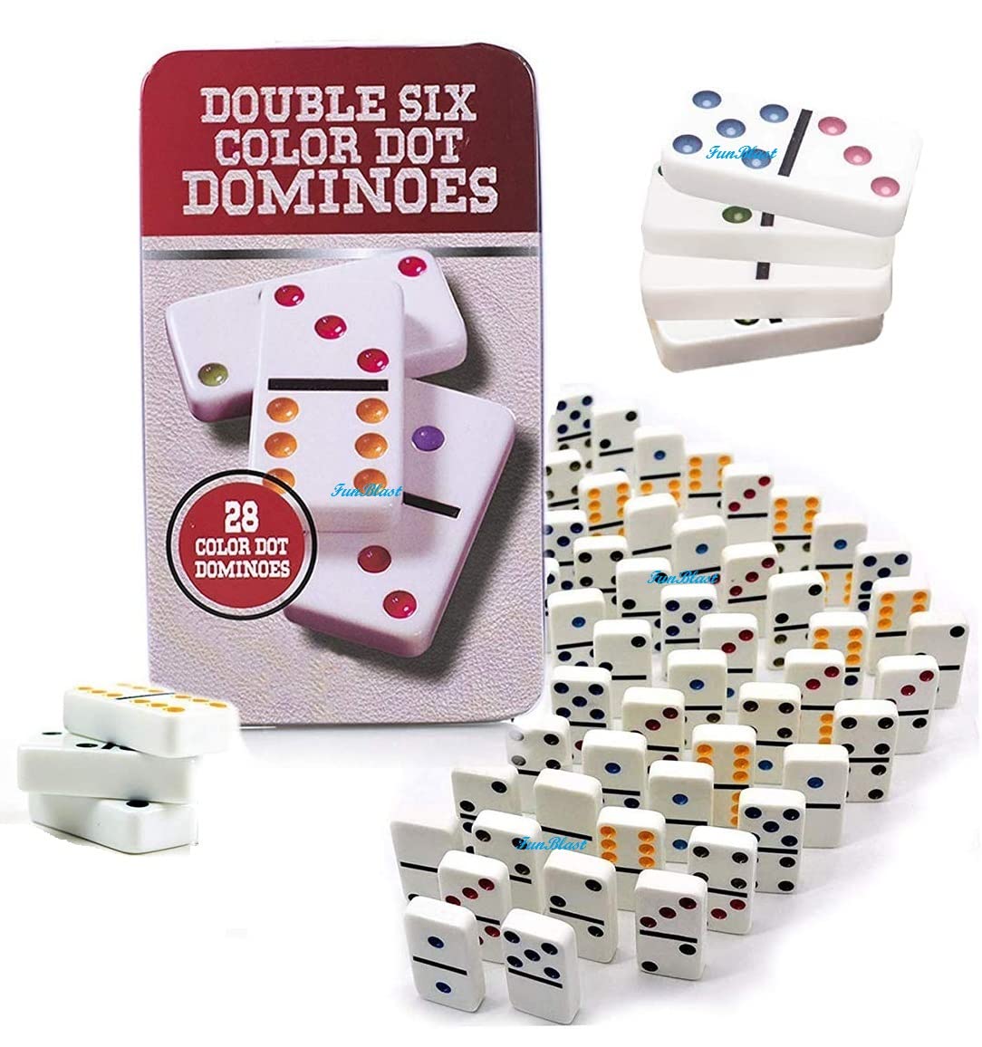 FunBlast Double 6 Color Dot Dominoes Game Set - White 28 Pieces