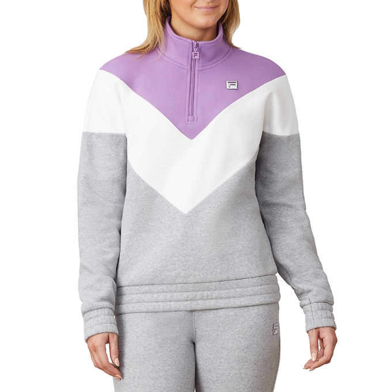 FilaWomens 1/4 Zip Pullover Sweatshirt (Grey/Lavender/White, Large)