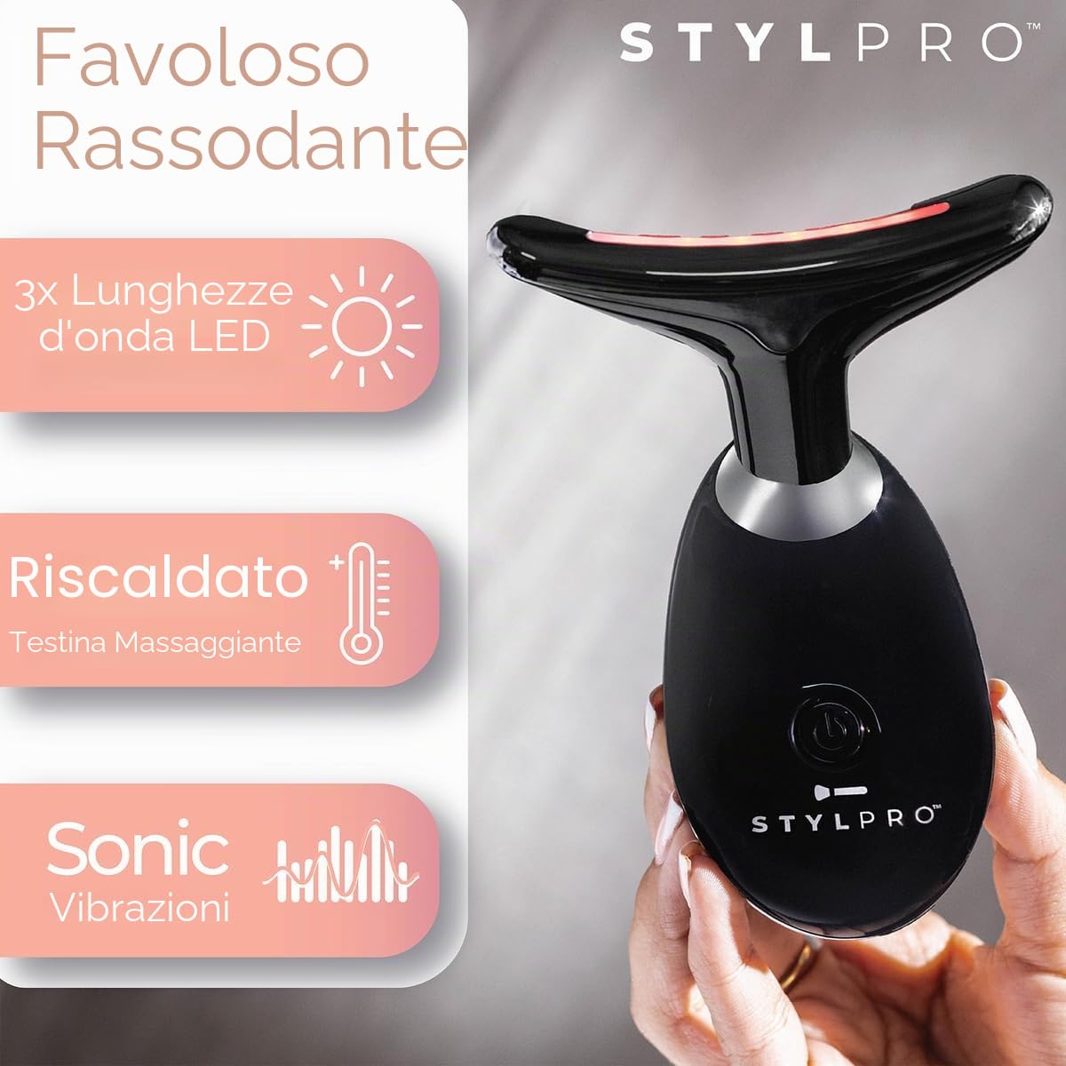 STYLPRO Fabulous Firmer Massaggiatore LED per viso e collo - Terapia della luce LED per il rafforzamento, il sollevamento, la riduzione delle rughe e il rassodamento della pelle