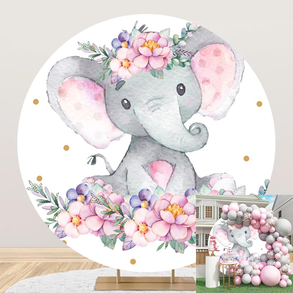 TTQYFNM 7.5x7.5ft Elephant Baby Shower Round Backdrop Cover Pink Floral Gold Dots Cute Elephant Circle Photography Background for Girls Baby Shower