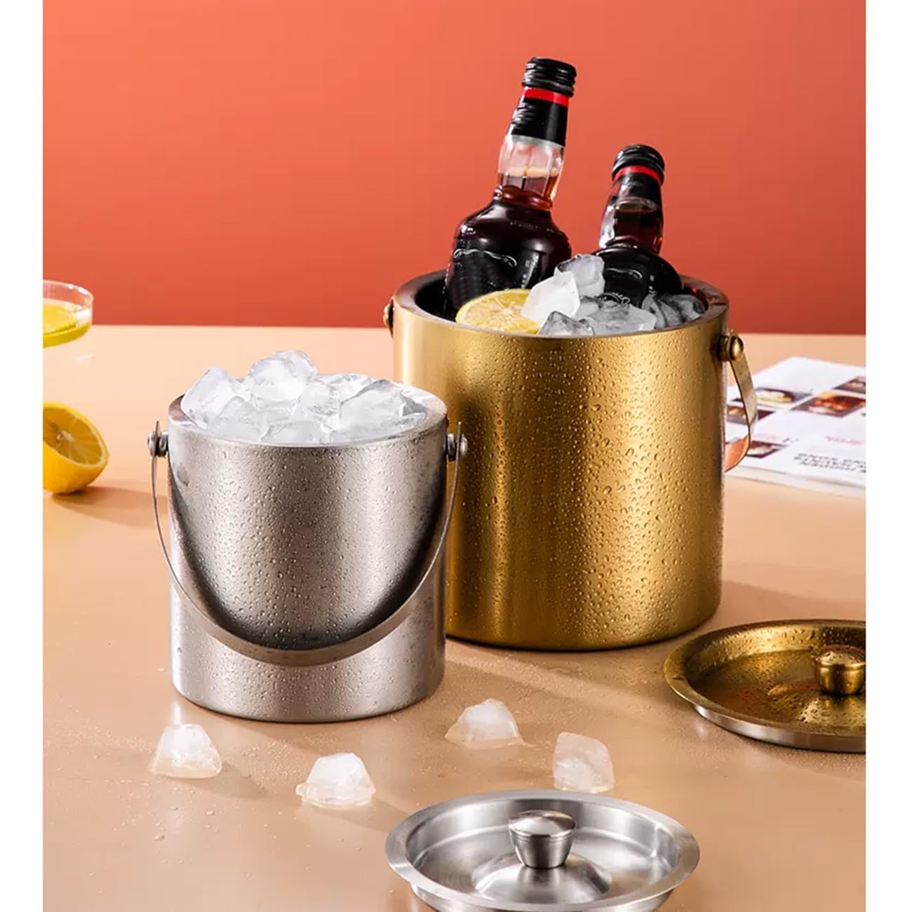 Cubitera de Acero Inoxidable Aislado Portátil Cubitera de Doble Pared para Vino Cubitera para Botella de Champán con Tapa Asa y Pinzas para Fiestas en Bar en Casa(Silver,15cm)
