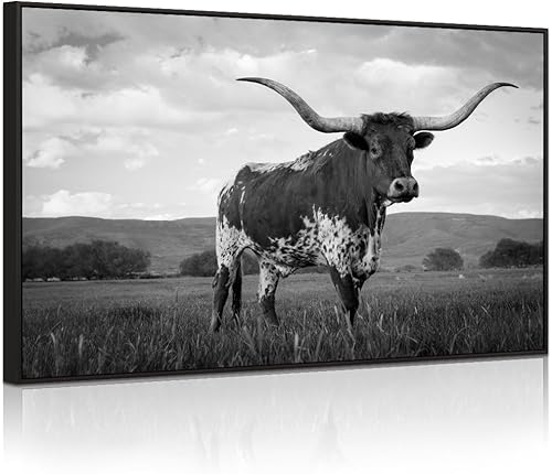 Visual Art Decor Lienzo de animales extragrandes para pared, decoración de Texas, lienzo giclée de cuerno largo, pintura con marco flotante negro