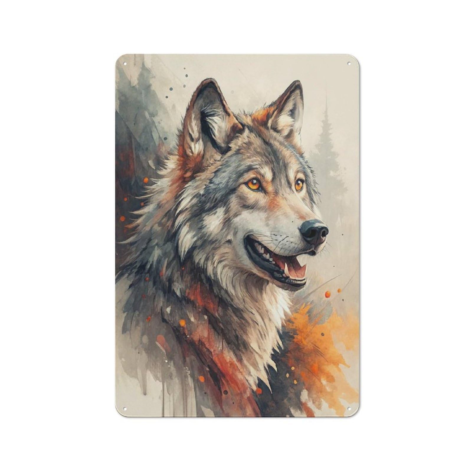 Junmoney Style-3 Urban Metal Wall Art Sign 30X20cm Featuring Watercolor Wolf Portrait(2), Urban Room Decor For Modern Home, Workshop, Office Or Cafe