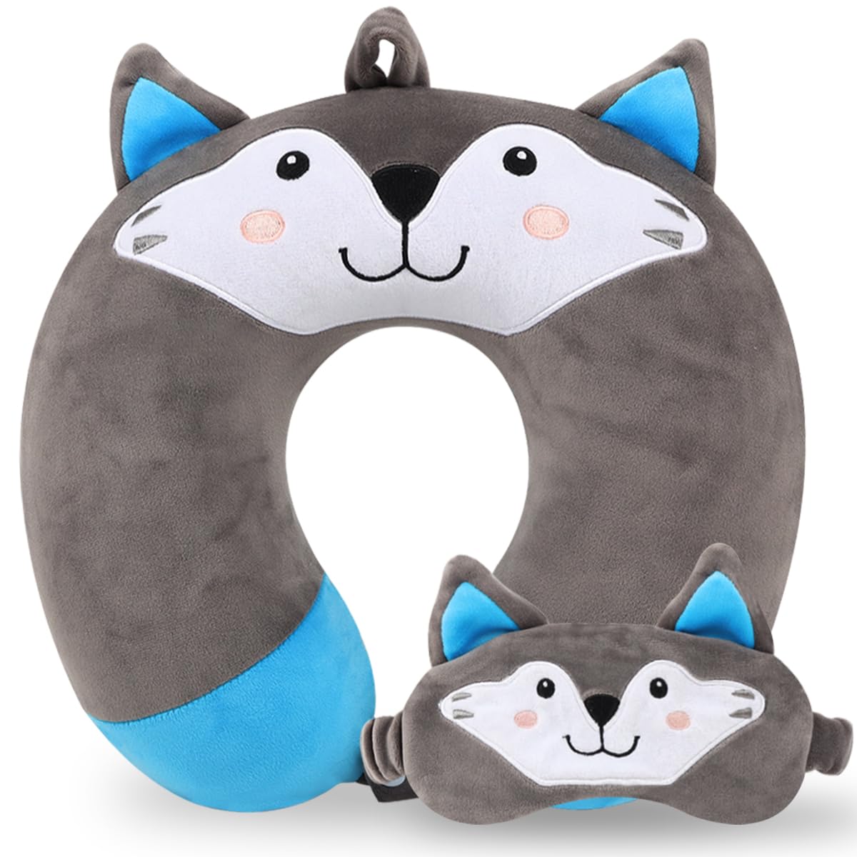 Travel Pillow, Kids Travel Pillow with Sleep Eye Mask Soft Memory Foam Kids Neck Pillow for Boys &amp; Girls, Travel Accessories for Car Airplane Traveling - Wolf