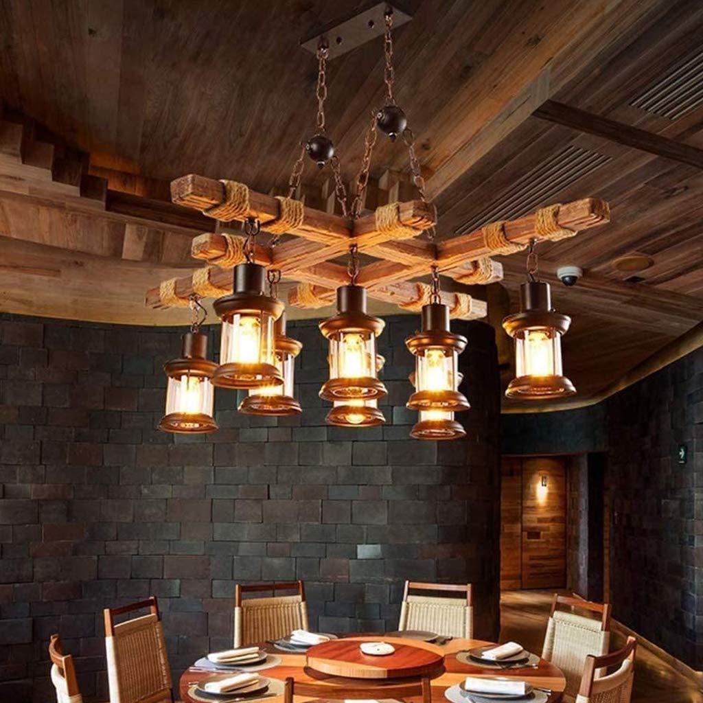 Retro Lampara Techo Plafón LED Estilo Vintage Industrial Steampunk Madera Colgantes Ligero Araña Plafones De Época 8 Luces,Bar Loft Casa Campo Sala De Lampara Vidrio Rustico Metaledison Ceiling
