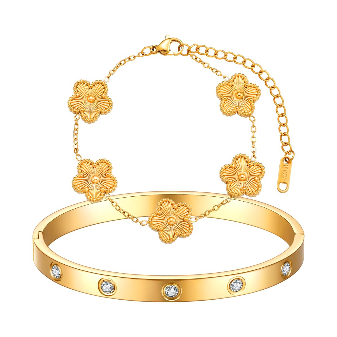 2 Piezas Pulsera Oro Mujer Chapado en oro de 18 Quilates Pulsera de Trébol de la Suerte Ajustable Brazalete con Diamantes Conjunto de 2 pulseras de Cinco Hojas Acero Inoxidable Regalo