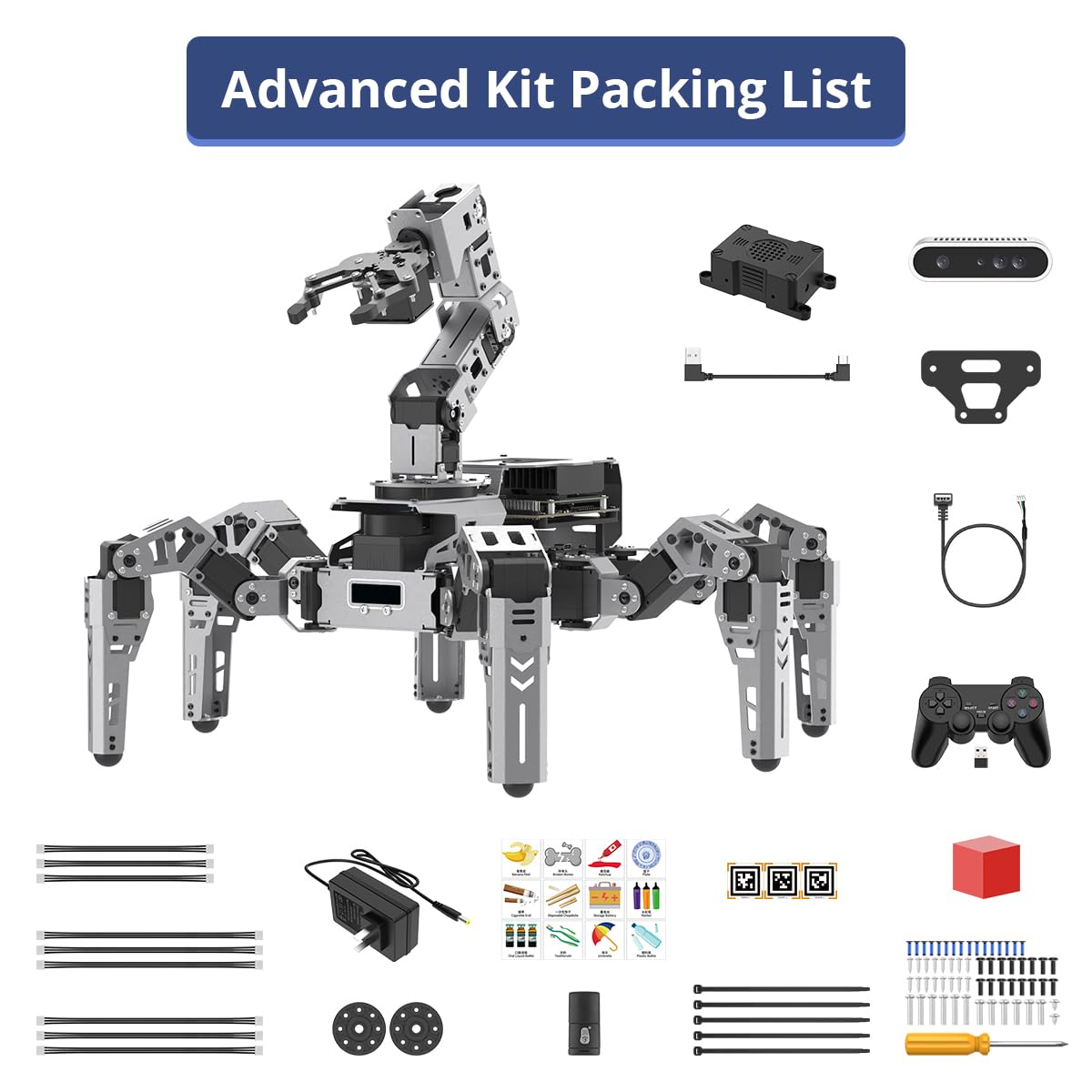 HIWONDER ROS2 Jetson Hexapod con OpenClaw Grandi Modelli AI ChatGPT Mappatura SLAM 3D AI Vision Scena Vocale Comprensione Auto-bilanciamento ROS Education Robot, ROSpider Advanced Kit & Jetson Nano