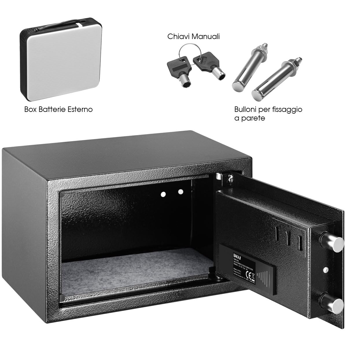 BAKAJI Cassaforte Elettronica di Sicurezza con Box Batteria Esterno, Cassetta Porta Valori e Documenti Antiscasso per Casa, Hotel, Installazione a Muro Parete o Indipendente, 31 x 20 x 20 cm (Nero)