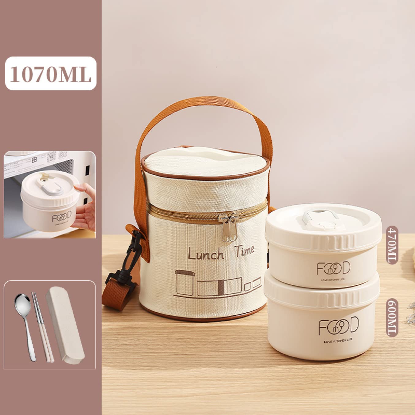 Amazon｜MJKQ9 弁当箱 女性 ベージュ 丸型 積み重ねる バック付き 弁当