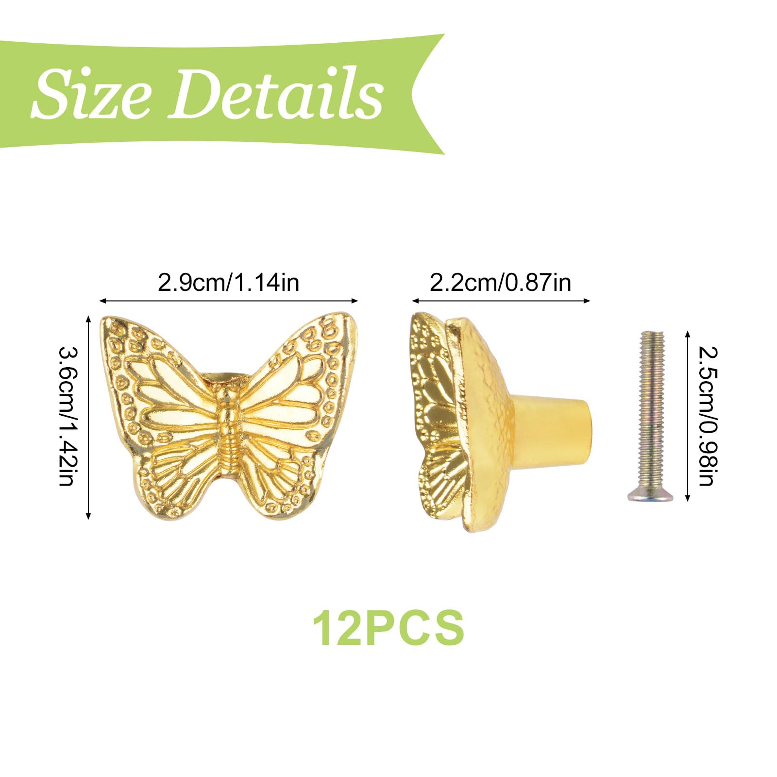 UFURMATE 12Pcs Drawer Knob Zinc Alloy Pulls Knobs Antique Pull Handles Single Hole Furniture Cabinet Knobs with Screws for Drawer Cupboard (Gold Butterfly) - Image 2