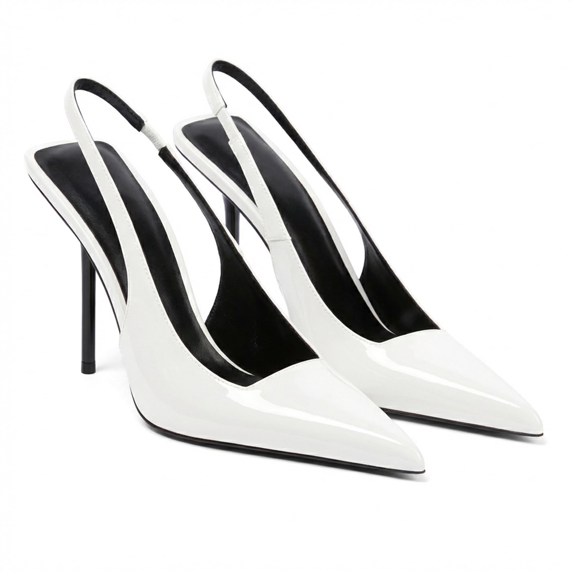 Women's Slingback Stiletto High Heels Pointed Toe Slip On Pumps Shoes Patent Leather Stretch Strap Backless Dress Heels