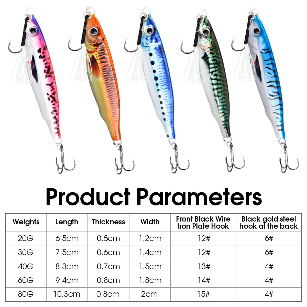 Señuelos de Pesca Hundidos con Impresión 3D, WASAGA 5 Piezas 20g/30g/40g/60g/80g Cebo Giratorio de Metal Duro para Agua Salada y Agua Dulce para Lubina y Caballa y Señuelo de Jigging
