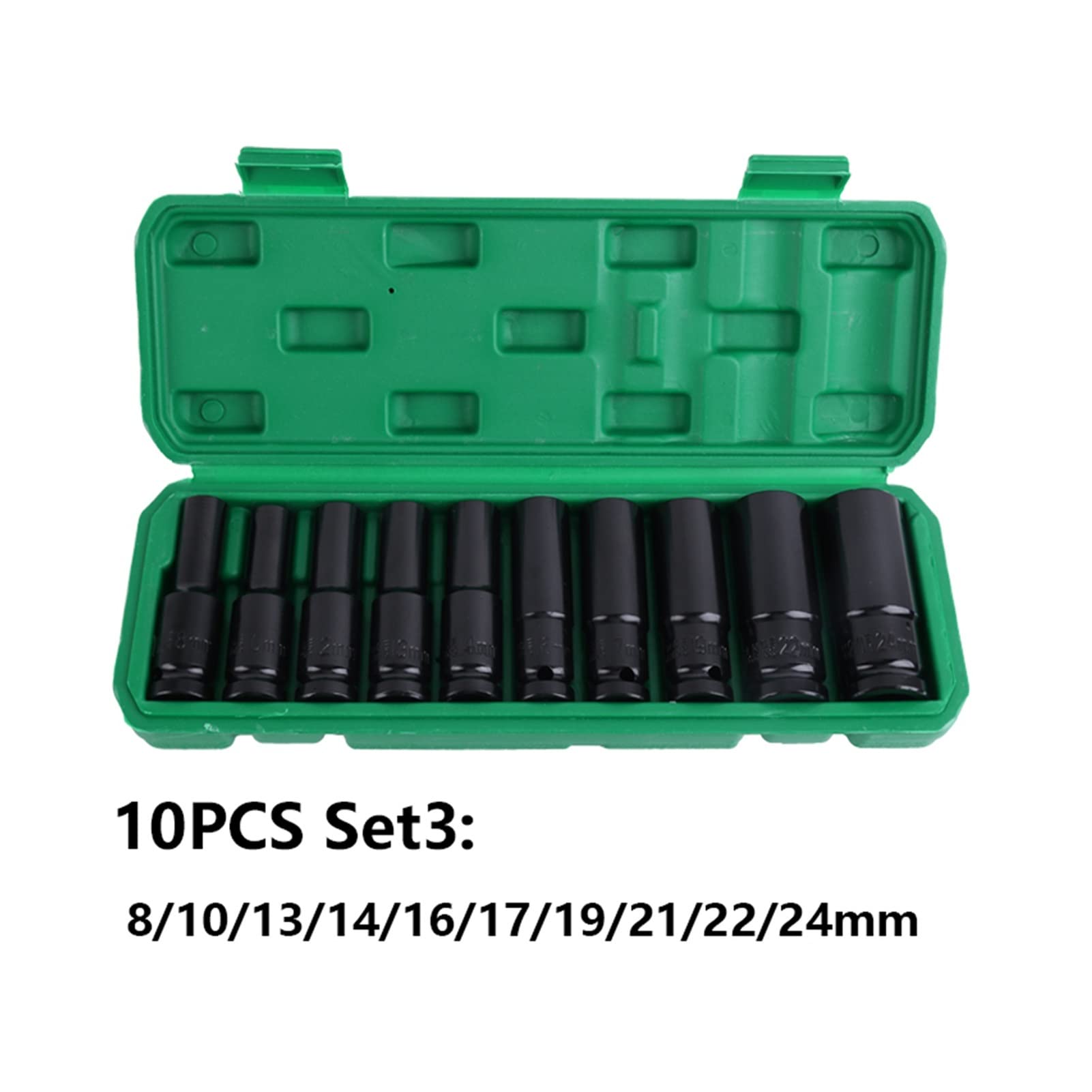 Set di chiavi a bussola a impatto profondo, 1/2", esagonali metriche da 10-24 mm, 10 pezzi, in acciaio al carbonio, con custodia rigida