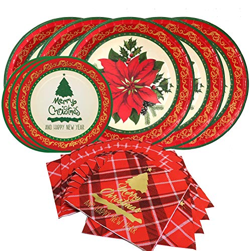 Gatherfun Christmas Party Supplies Christmas Poinsettia Flower Disposable Paper Dinner Plates Dessert Plates And Napkins For Merry Christmas Party, Serve 20 #TOP29