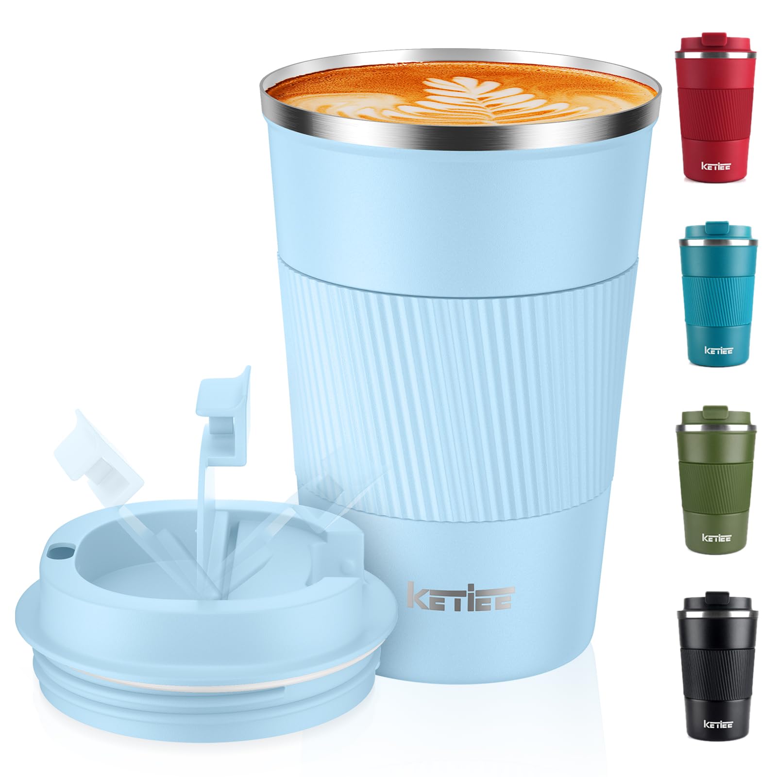 KETIEE Kaffeebecher to go,380ml Thermobecher Kaffee-to-go,Kaffeebecher Thermo,Doppelwandig Reisebecher Travel Mug,Vakuum Isolierbecher mit auslaufsicherem Deckel für Kaffee und Tee,Himmelblau
