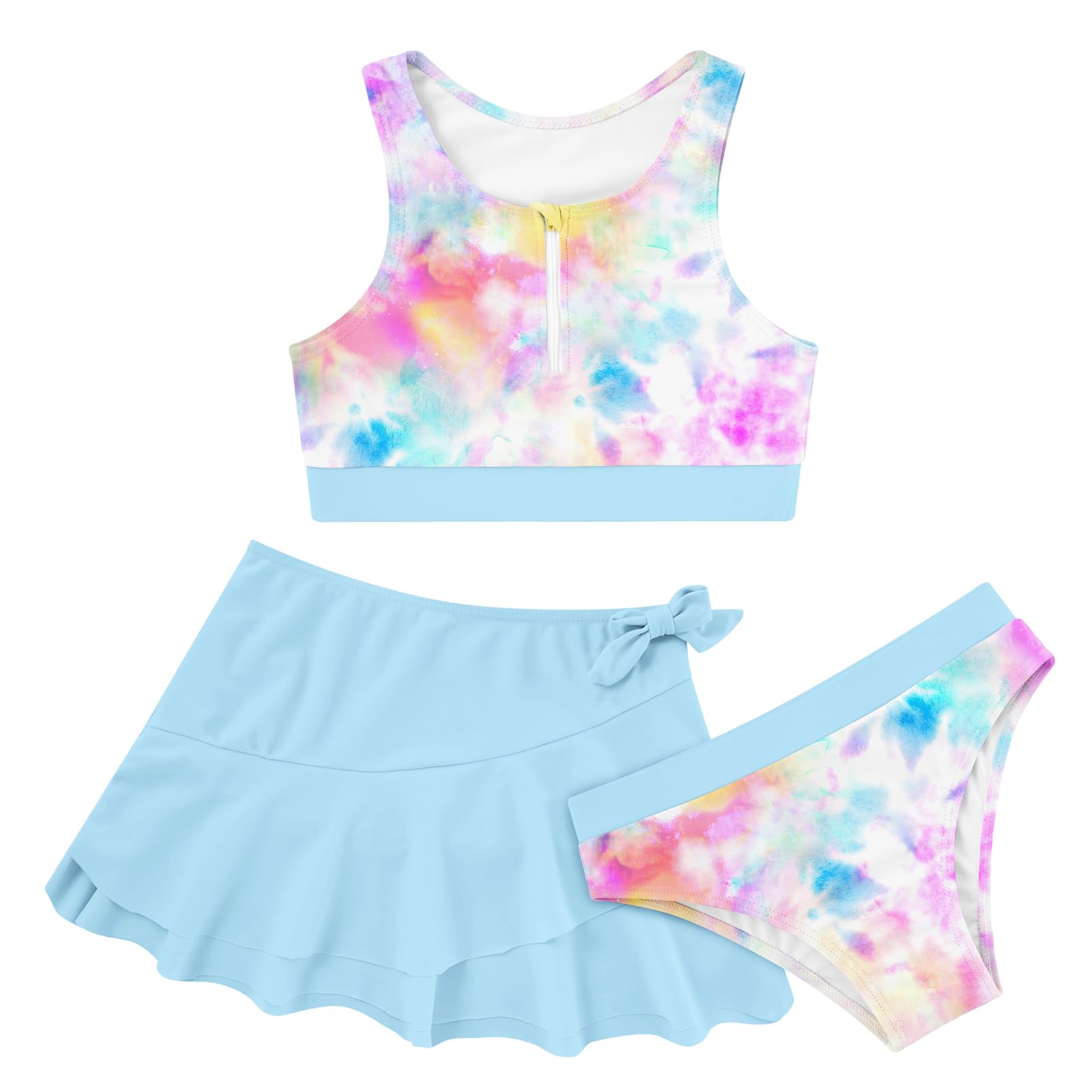Enlifety 6-12 Years Girls Swimsuit 3 Piece Tankini Bathing Suit Zipper Swimwear Set with Cover Up Beach Skirt