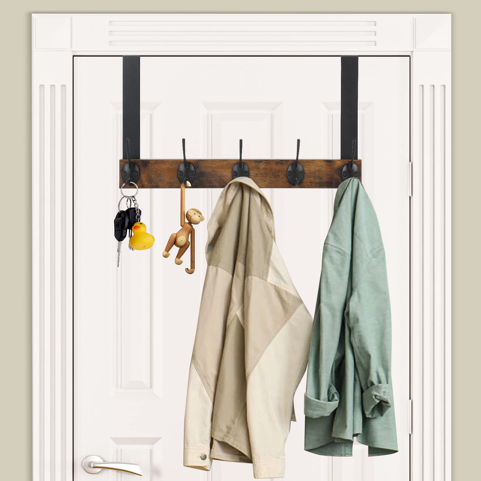 YINMIT Türhaken Organizer, über der Tür Handtuchhalter für Badezimmer, über Tür Holzbügel mit 5 Metallhaken, zum Aufhängen von Kleidung, Hüten, Wohnzimmer, Schlafzimmer