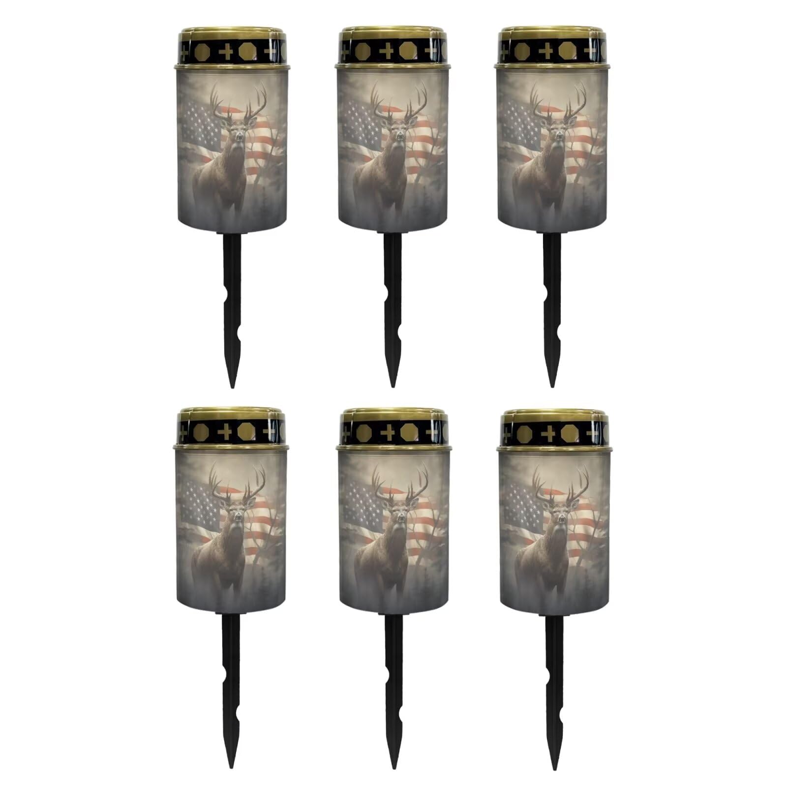 Poceacles Outdoor Lights Solar Powered Flameless Candle Cemetery Votive Candles Waterproof Outdoor Memorial Candle Solar Stake Lights 4th of July Patriotic Decor, Deer American Flag Retro, Pack of 6
