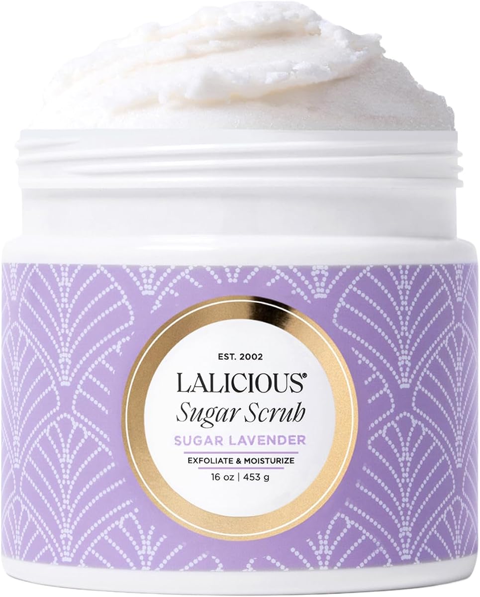 LALICIOUS Sugar Lavender Exfoliating & Moisturizing Body Scrub | Sugar & Coconut Oil | Pre-Shave Scrub for Ingrown Hairs & Razor Bumps | Gently Buffs & Smooths Sensitive Skin | No Parabens Large 16oz