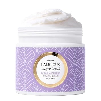 LALICIOUS Sugar Lavender Exfoliating & Moisturizing Body Scrub | Sugar & Coconut Oil | Pre-Shave Scrub for Ingrown Hairs & Razor Bumps | Gently Buffs & Smooths Sensitive Skin | No Parabens Large 16oz
