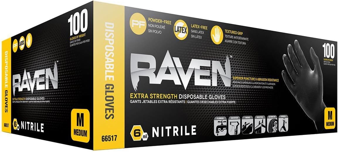 SAS Safety 66517 Raven Powder-Free Disposable Black Nitrile 6 Mil Gloves, MEDIUM New