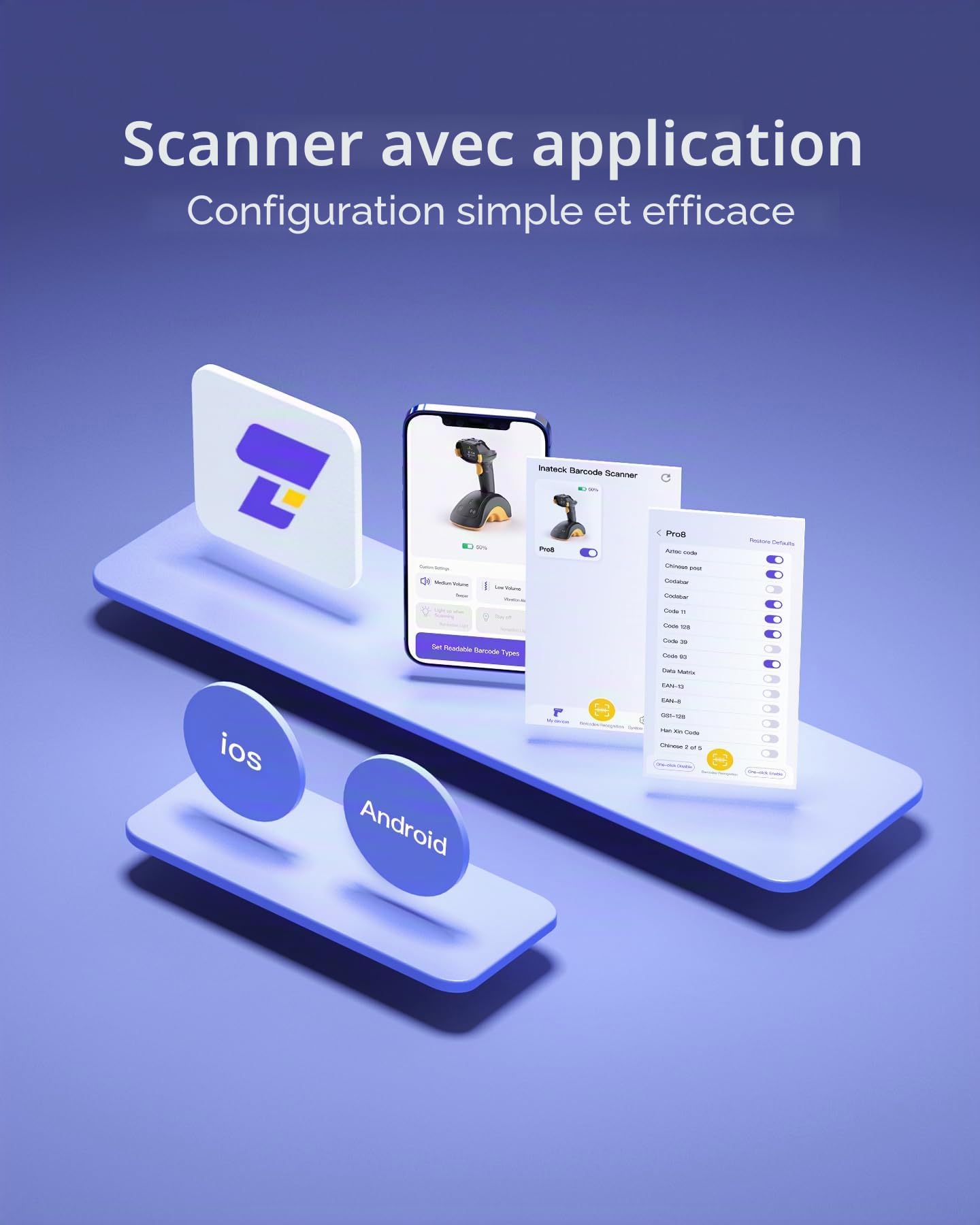 Inateck Scanner de Code-Barres Bluetooth, Scanner 2D 1D sans Fil, Scanner de Code QR, avec Écran Tactile et Base Intelligente, Modules Doubles CMOS+CCD, Supporte App SDK,Pro 8