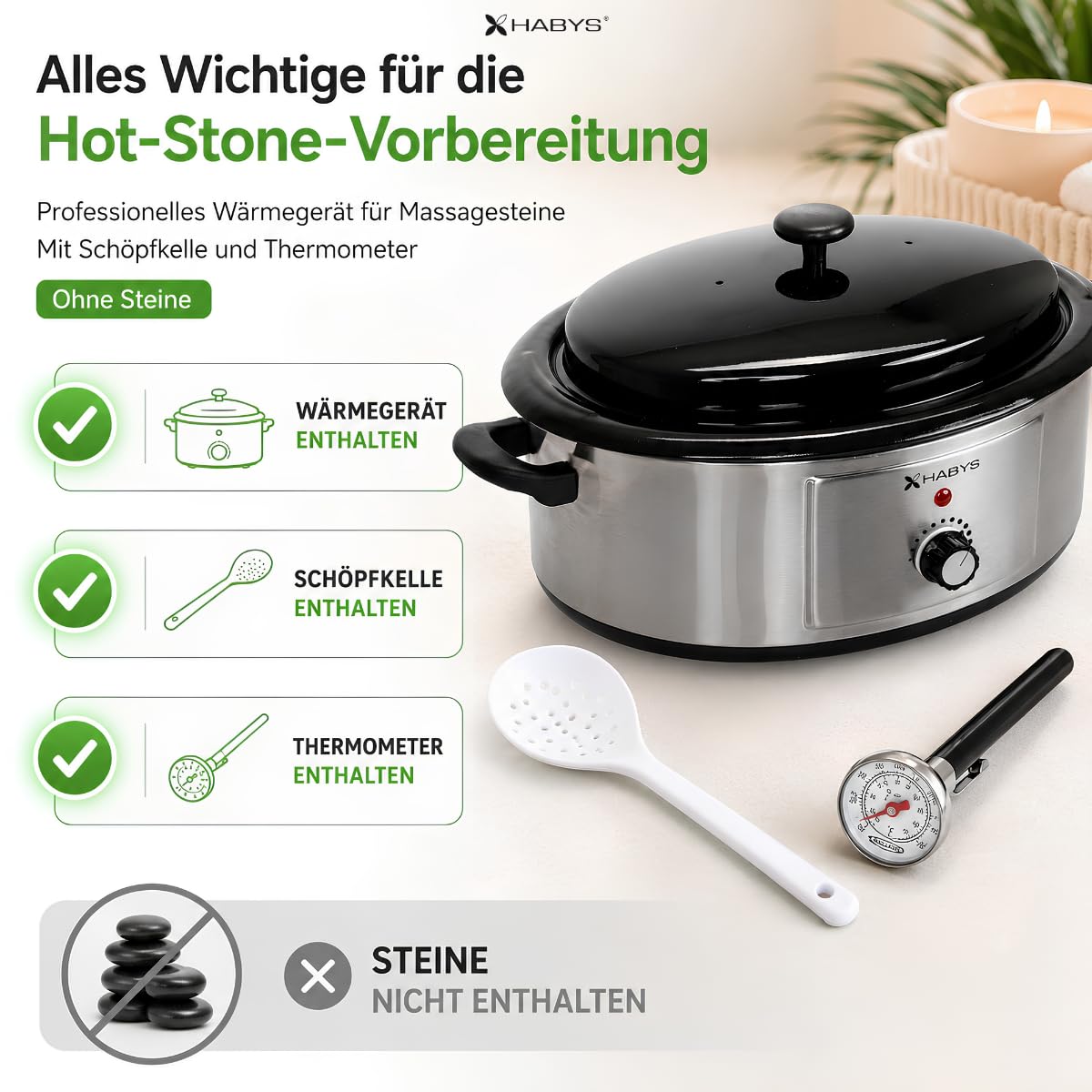 Hot Stone Wärmegerät 6 Liter aus Edelstahl | Temperaturregler für Massage und Therapie, Analog Kontrolle, Thermometer und Schöpfkelle