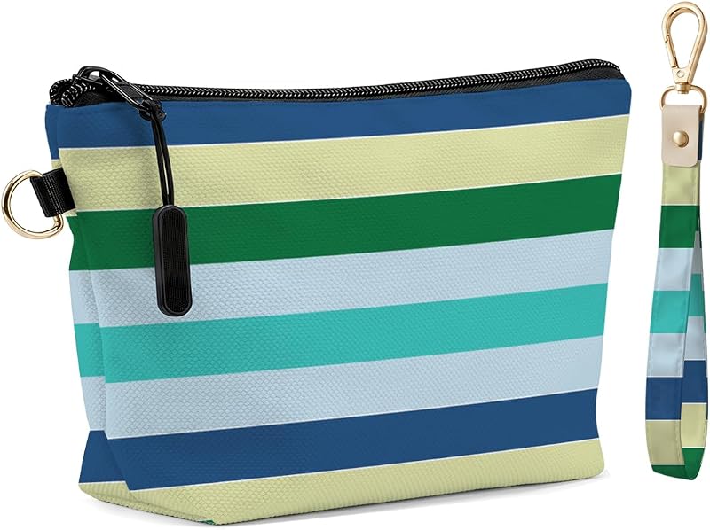 Necessaire de maquiagem Fokongna com pulseira e chaveiro, listras verde-petróleo, pacote com 2