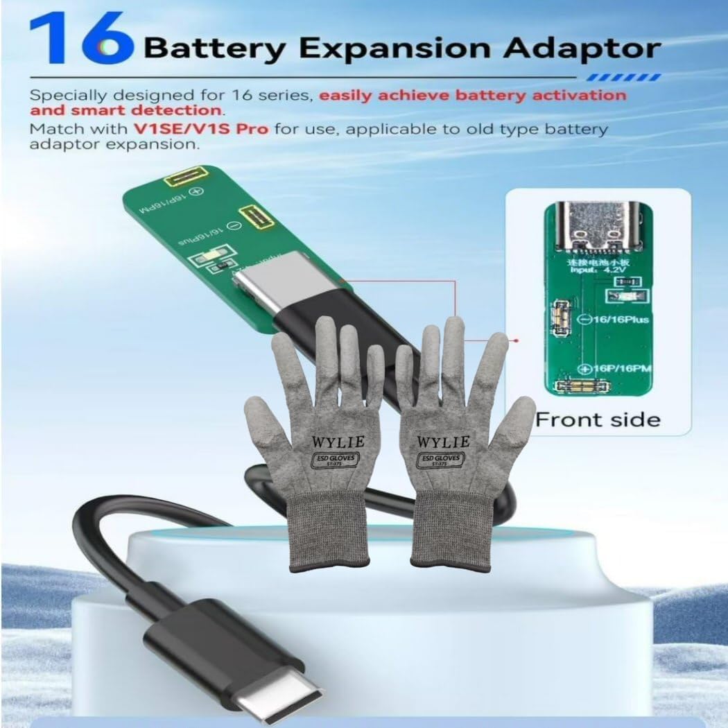 JC Battery Expansion Adapter Compatible with iPhone 16 Series JC Programmer Professional Phone Repair Kit with WYLIE ESD Gloves Screen Opener 10 Pack