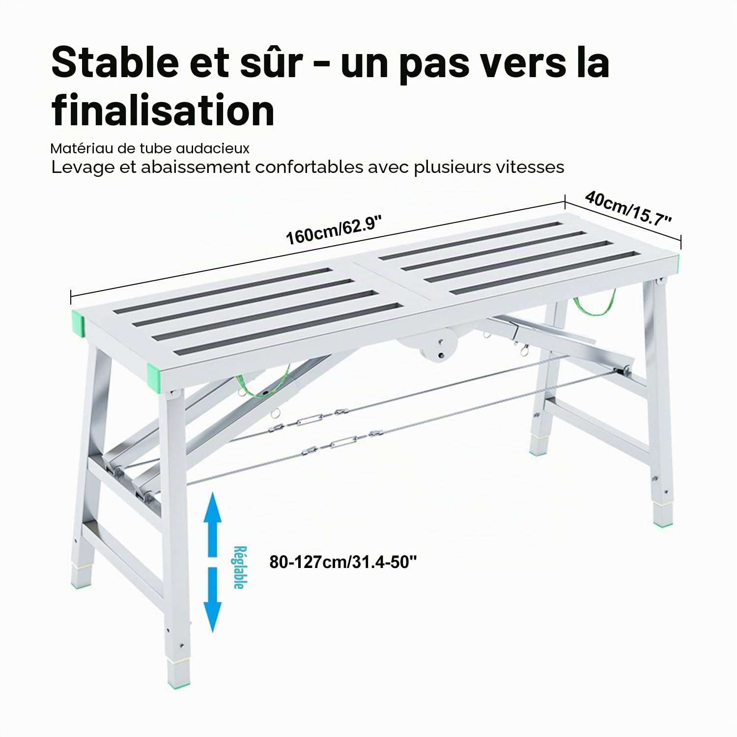 Plateforme pliable et réglable, cadre portable et galvanisé, hauteur ajustable pour nettoyage et peinture, charge max. 360 kg, 160 x 37 cm