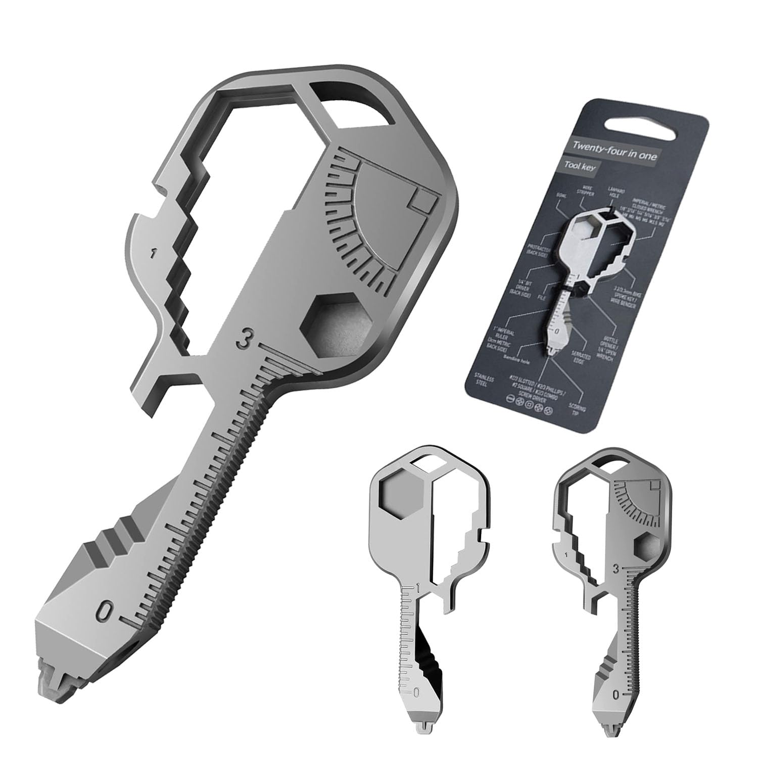 1 x 24-in-1 Multifunctional Key Tool, Portable Outdoor Tool with Stainless Steel Pendant, Outdoor, Camping, Cycling, Mountaineering Wrench Tool (Silver)