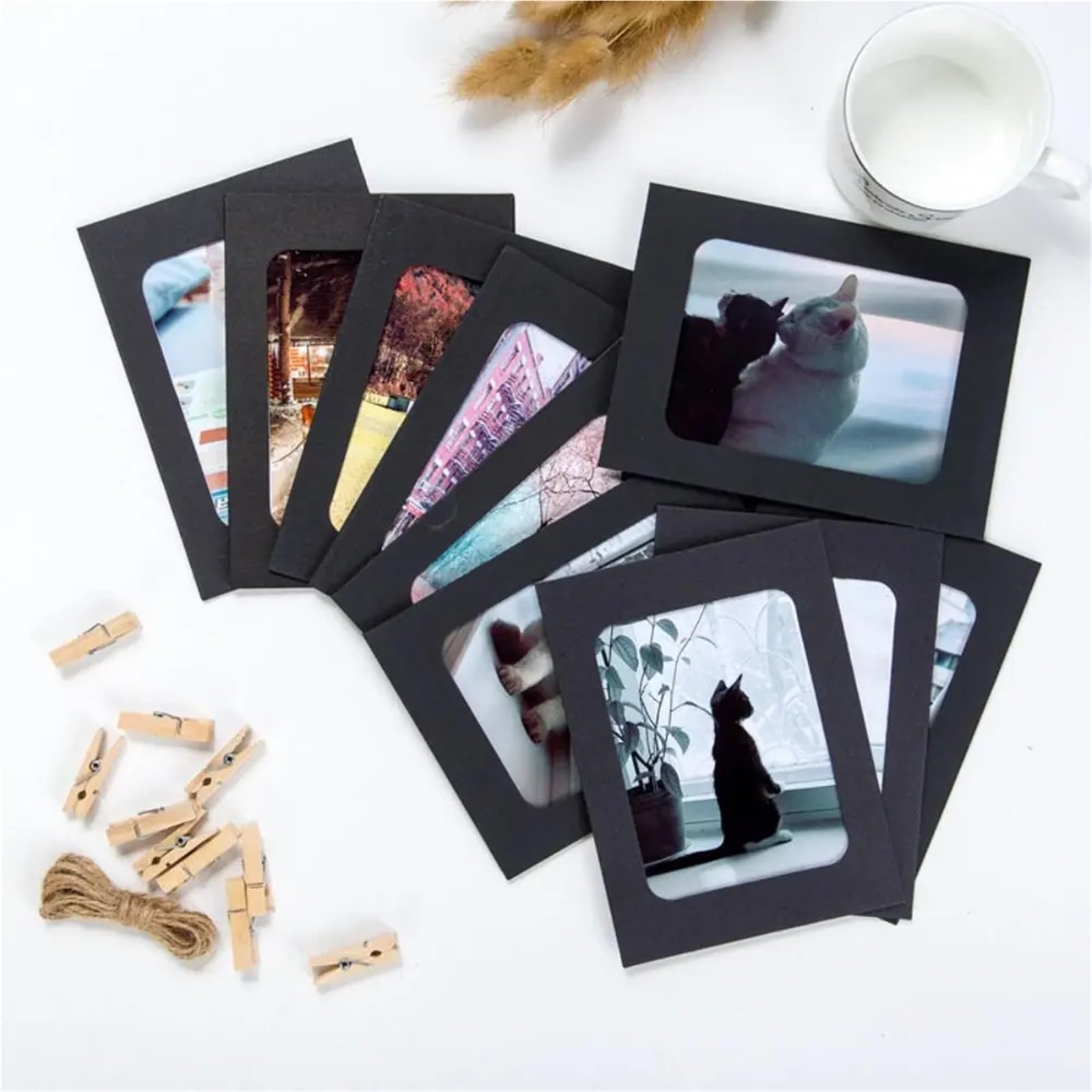 Gwyzax Paper Picture Frames 50Pcs/Set DIY Craft Paper Photo Frame With Clips Rope Wall Hanging Picture Album Wedding Happy Birthday Home Decor(Black)