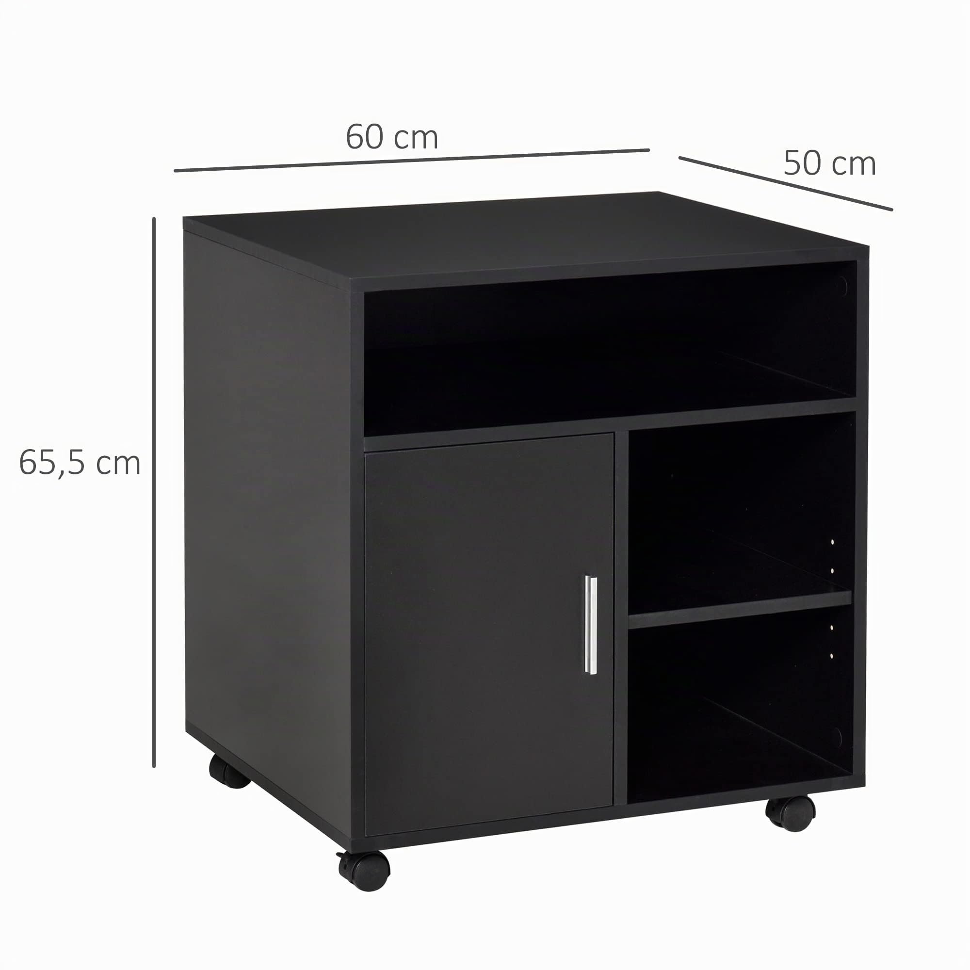 HOMCOM Druckerständer Druckertisch Bürowagen Rollwagen mit Schrank+Regale Spanlatte Schwarz 60 x 50 x 65,5 cm
