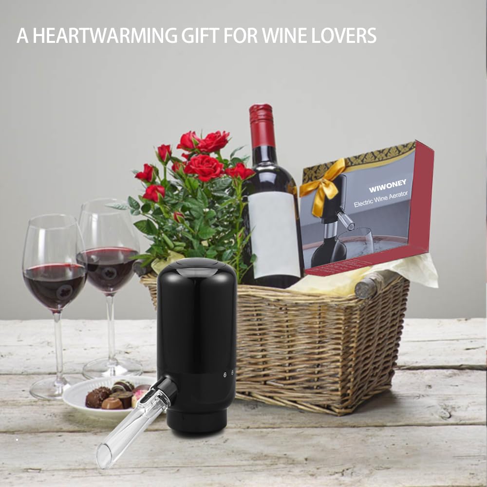 Aeratore per Vino con Decanter Elettrico, Versatore Elettrico Vino, Dispenser Vino Automatico con Due Tubi di Collegamento in Silicone, Nero