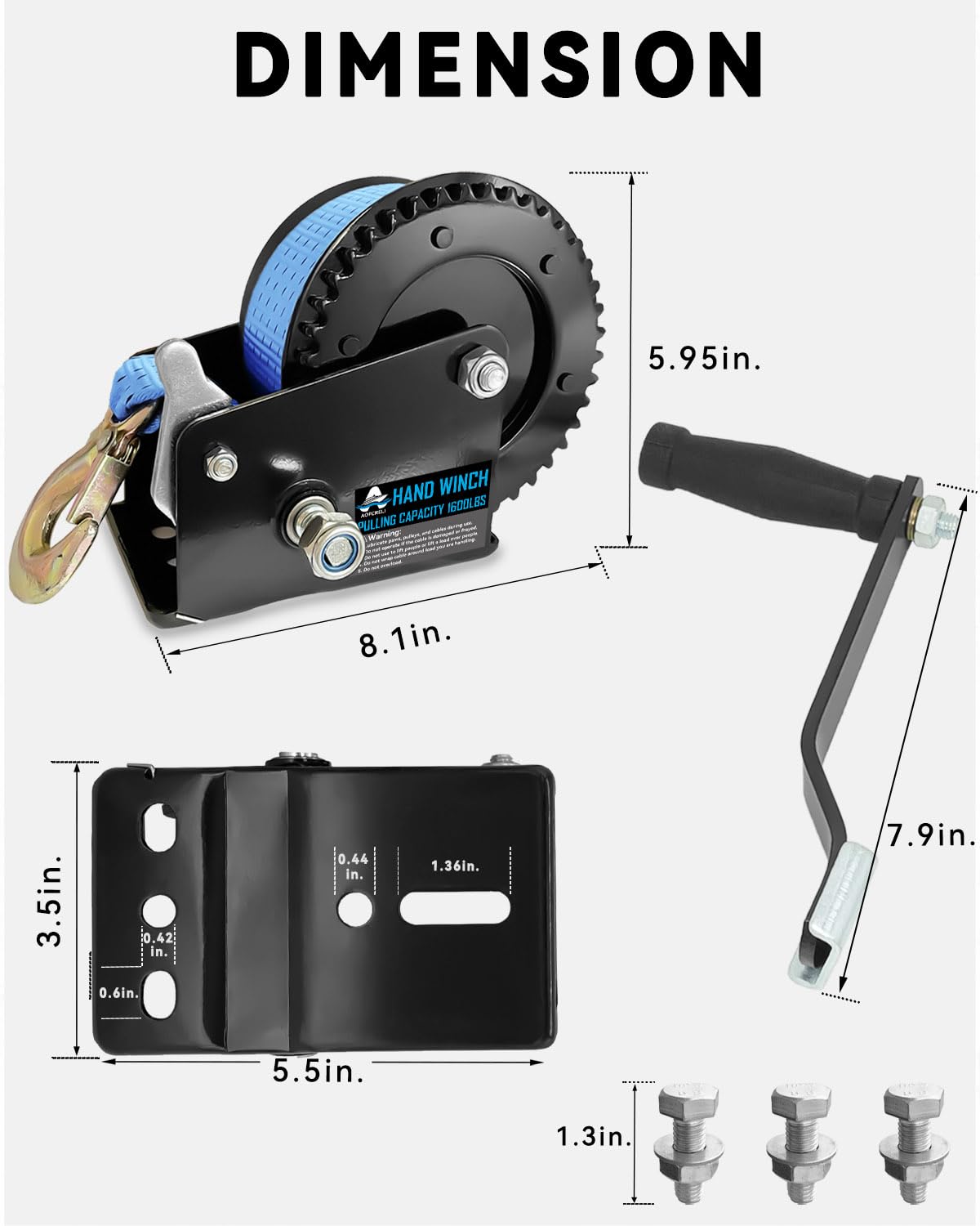 AKRIXKIP Argano manuale per rimorchio per barca, 725,7 kg, con cinghia blu da 7,9 m, verricello portatile 4:1 con gancio, argano manuale a cricchetto a 2 vie, per moto d'acqua, puleggia di traino,