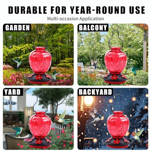 Image of 2 Pack Glass Hummingbird Feeder for Outdoors Hanging, 24Ozs Humming Bird Nectar Feeder w /Perch, 5 Flower Feeding Ports, Leak Proof Base and Hook for Outside Garden Backyard Decor, Red