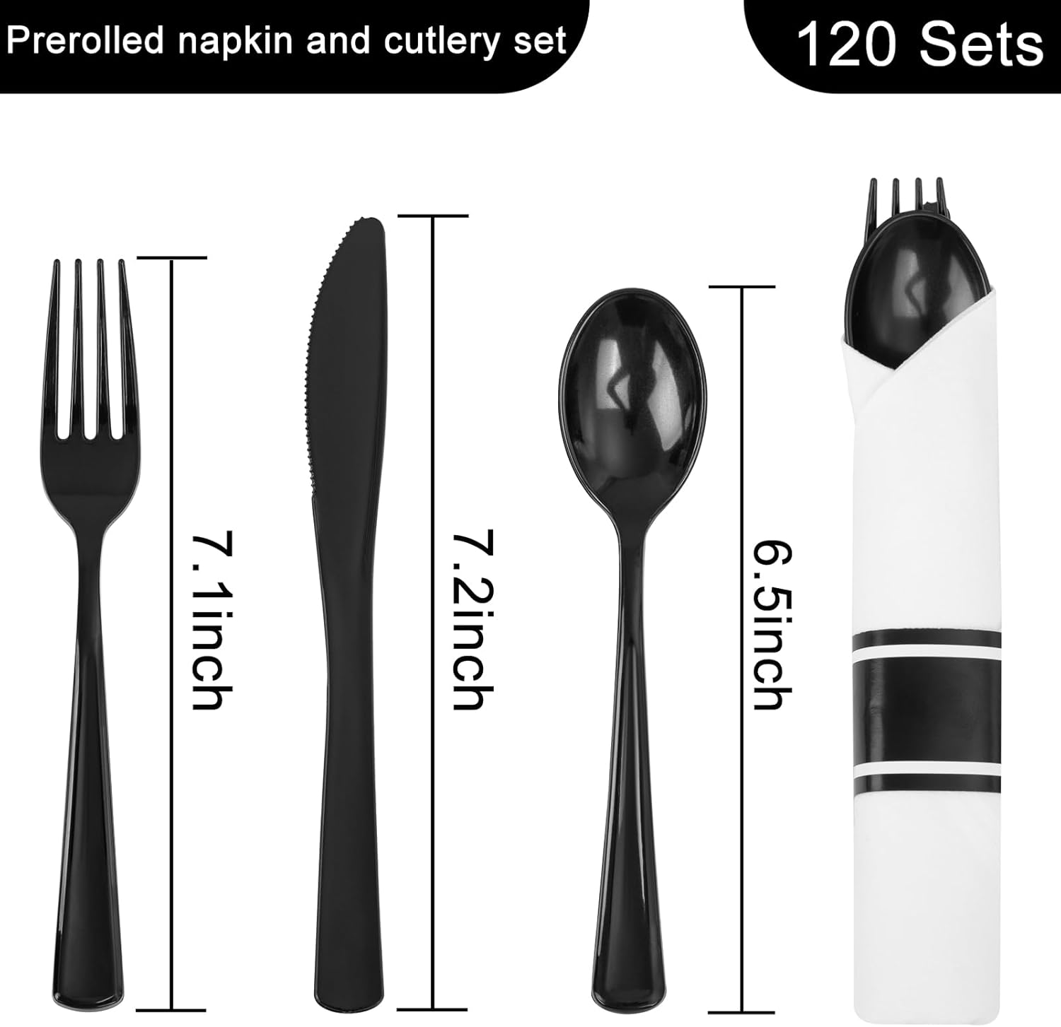EI 120Pack Black Pre Rolled Silverware Set Disposable and Napkins Service for 120 Guests,360pcs Black Plastic Knifes,Forks and Spoons Disposable Heavy Duty and 120pcs Napkins for Festival Party Dinner