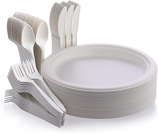 200pcs Disposable Tableware Set-Compostable and Biodegradable Eco-Friendly Dinnerware Kits Includes Paper Plates, Forks, Knives and Spoons for Party, Camping, Picnic (200pc)